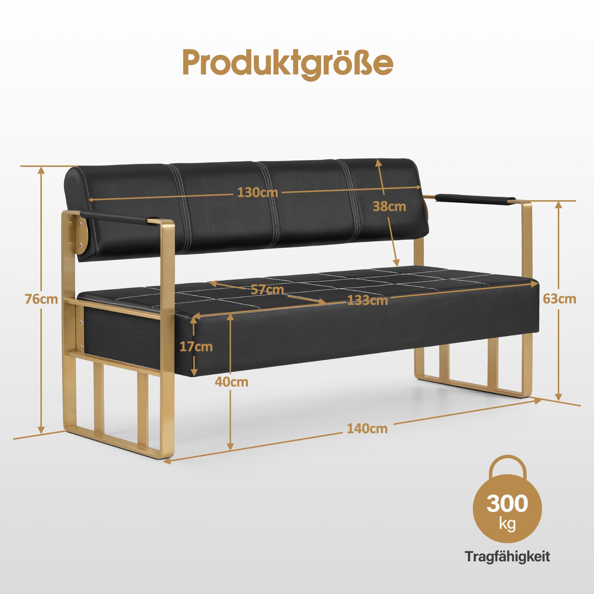3-Sitzer Sitzbank mit goldenen Armlehnen W528 Schwarz-Gold