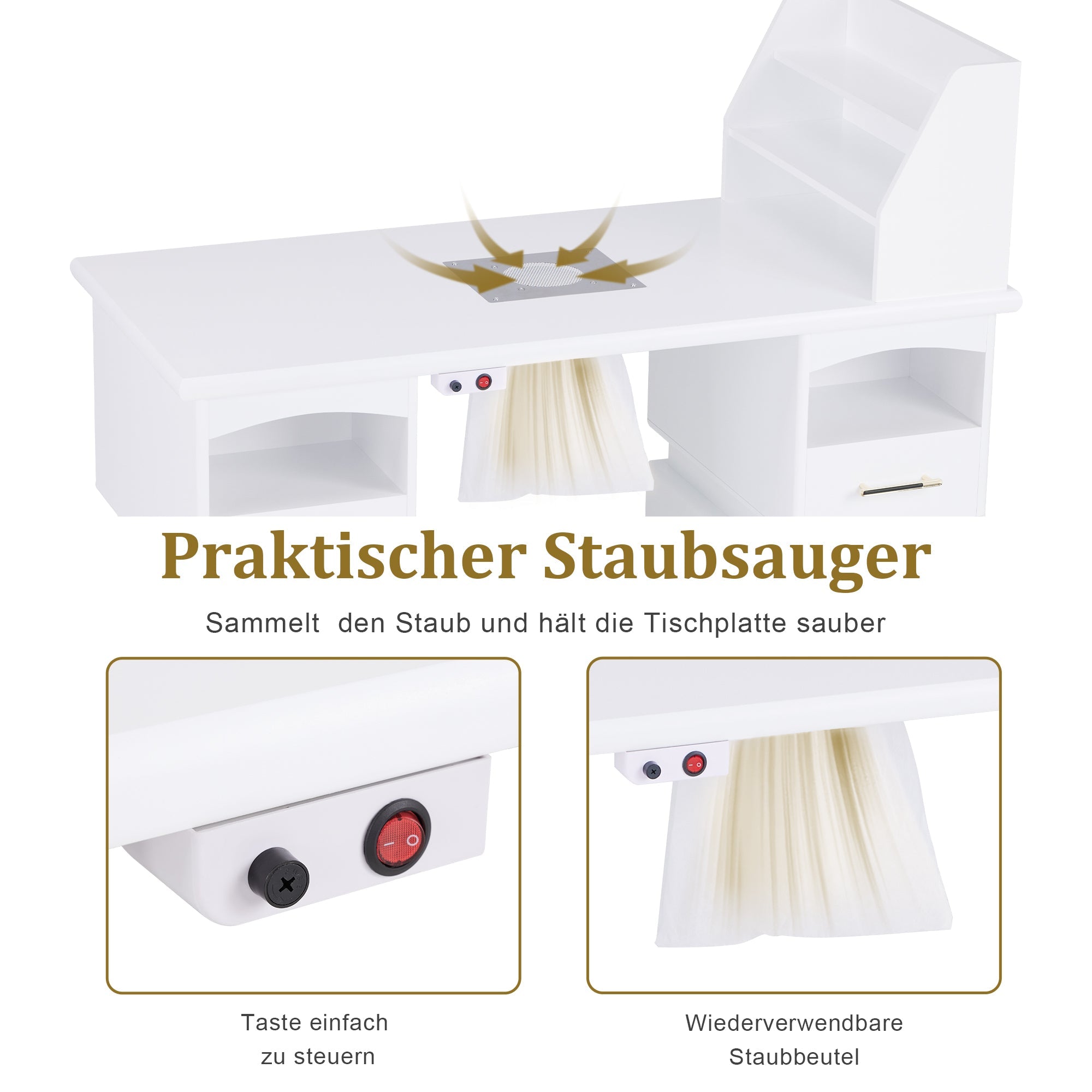 Manikürtisch mit 2 Schubladen - Nageltisch mit Absaugung Weiß