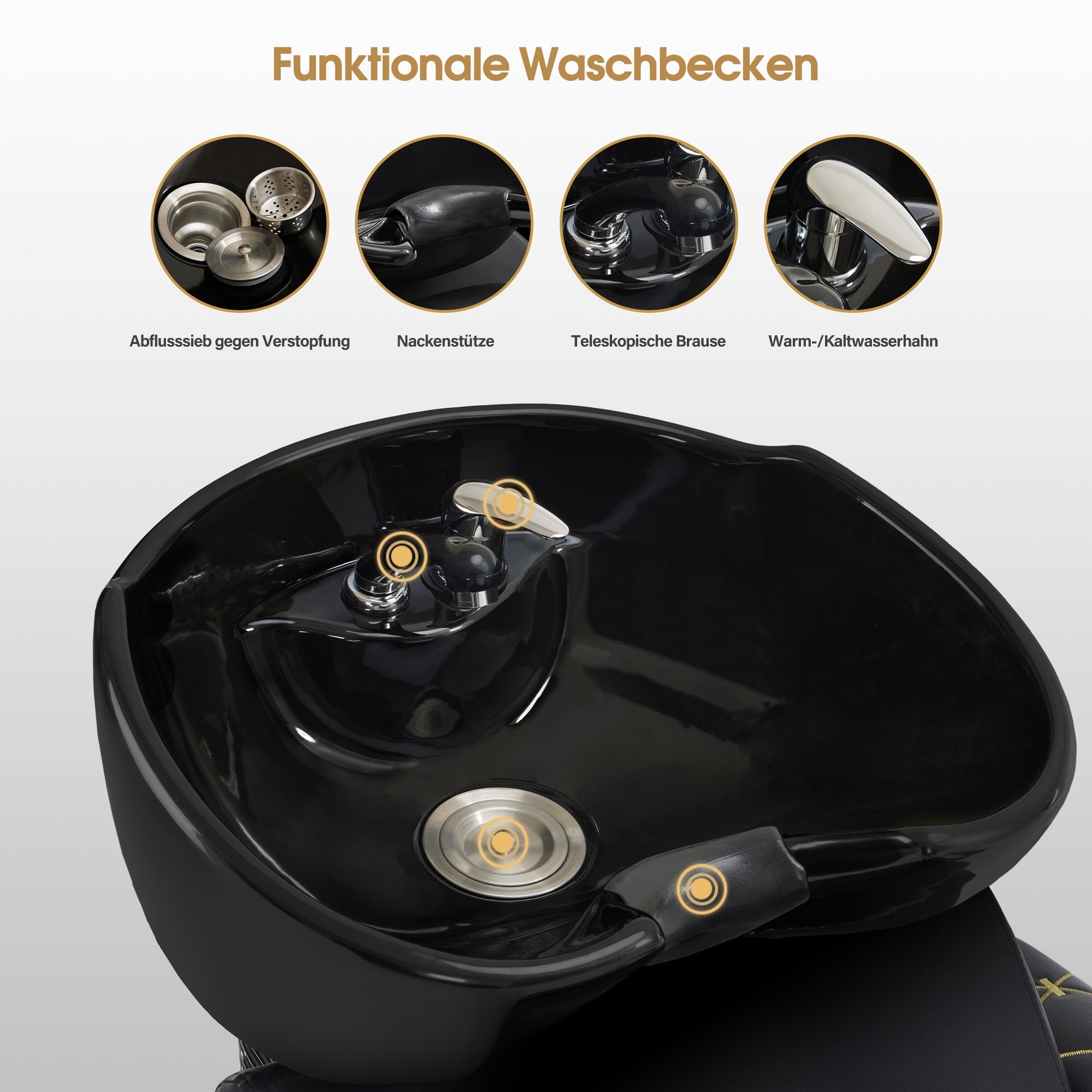 Friseurstuhl mit Waschbecken Retro 8631 Schwarz-Gold