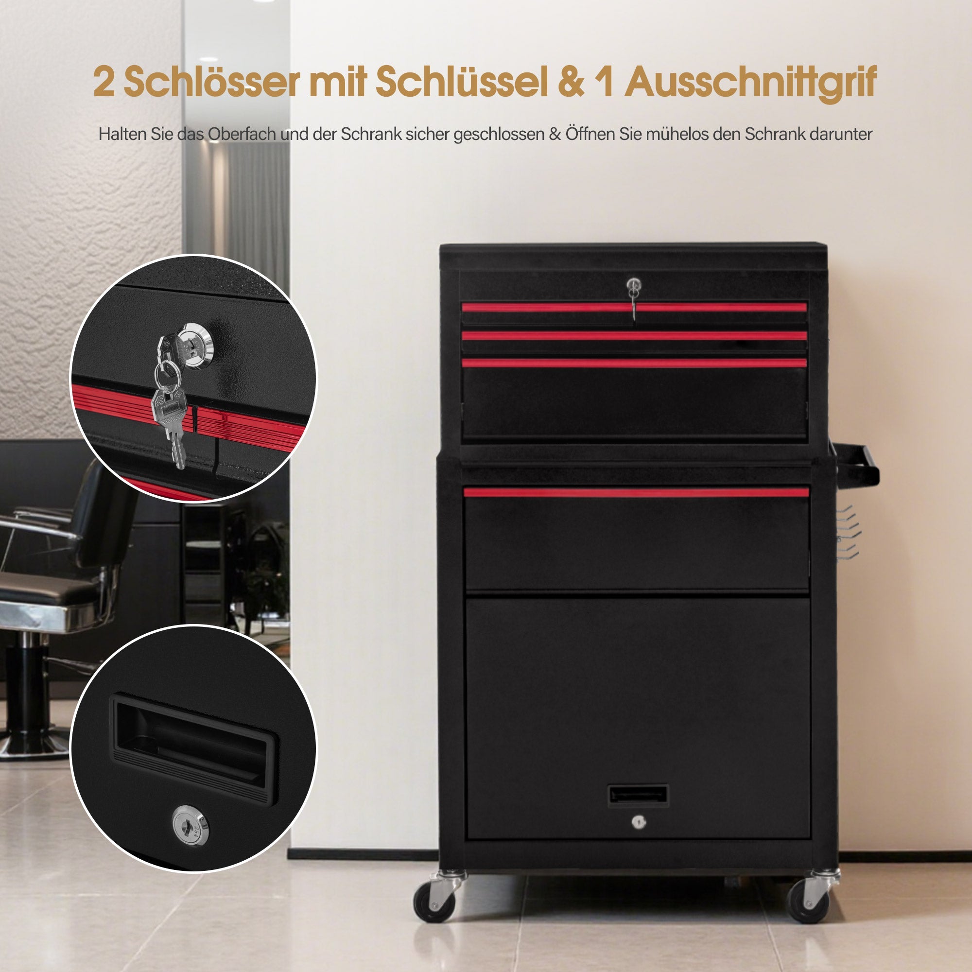 2-in-1 Friseurwagen mit 5 Schubladen 0097 Schwarz-Rot