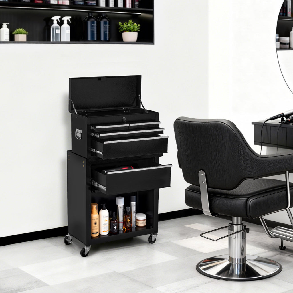 2-in-1 Friseurwagen mit 5 Schubladen 0097 Schwarz-Silber