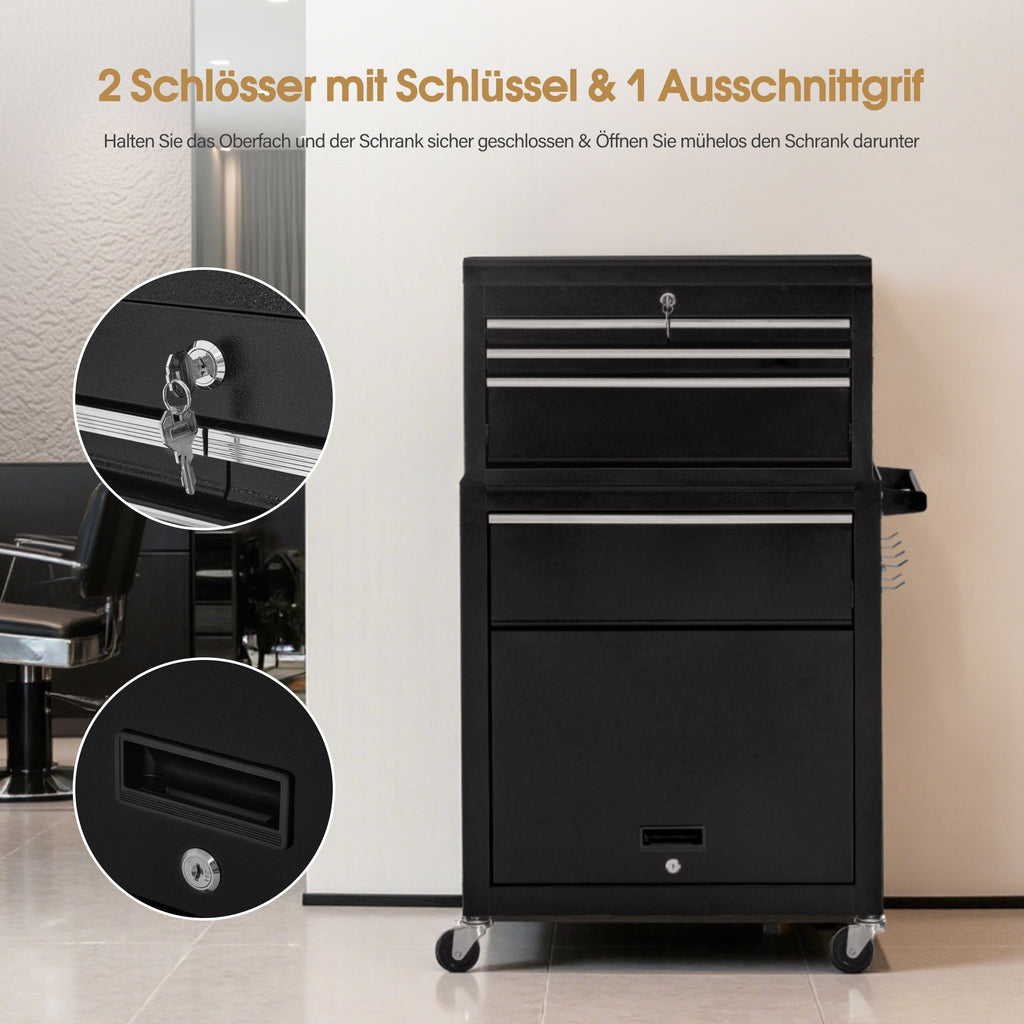 2-in-1 Friseurwagen mit 5 Schubladen 0097 Schwarz-Silber