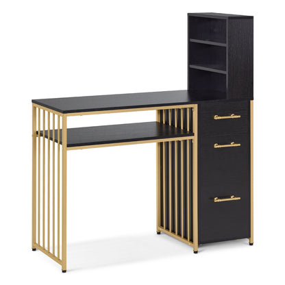 Schreibtisch mit 3 Schubladen - Nageltisch aus Holz mit Metallgestell & Regal Schwarz-Gold