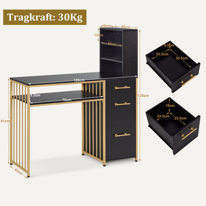 Schreibtisch mit 3 Schubladen - Nageltisch aus Holz mit Metallgestell & Regal Schwarz-Gold