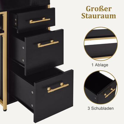 Schreibtisch mit 3 Schubladen - Nageltisch aus Holz mit Metallgestell & Regal Schwarz-Gold