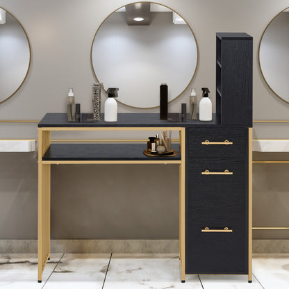 Schreibtisch mit 3 Schubladen - Nageltisch aus Holz mit Metallgestell & Regal Schwarz-Gold