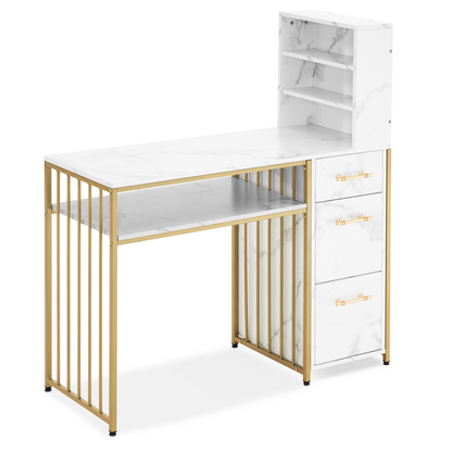 Schreibtisch mit 3 Schubladen - Nageltisch aus Holz mit Metallgestell & Regal