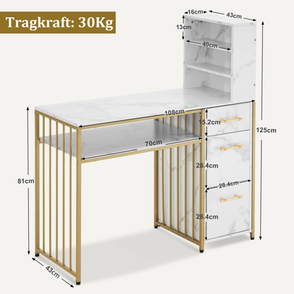 Schreibtisch mit 3 Schubladen - Nageltisch aus Holz mit Metallgestell & Regal