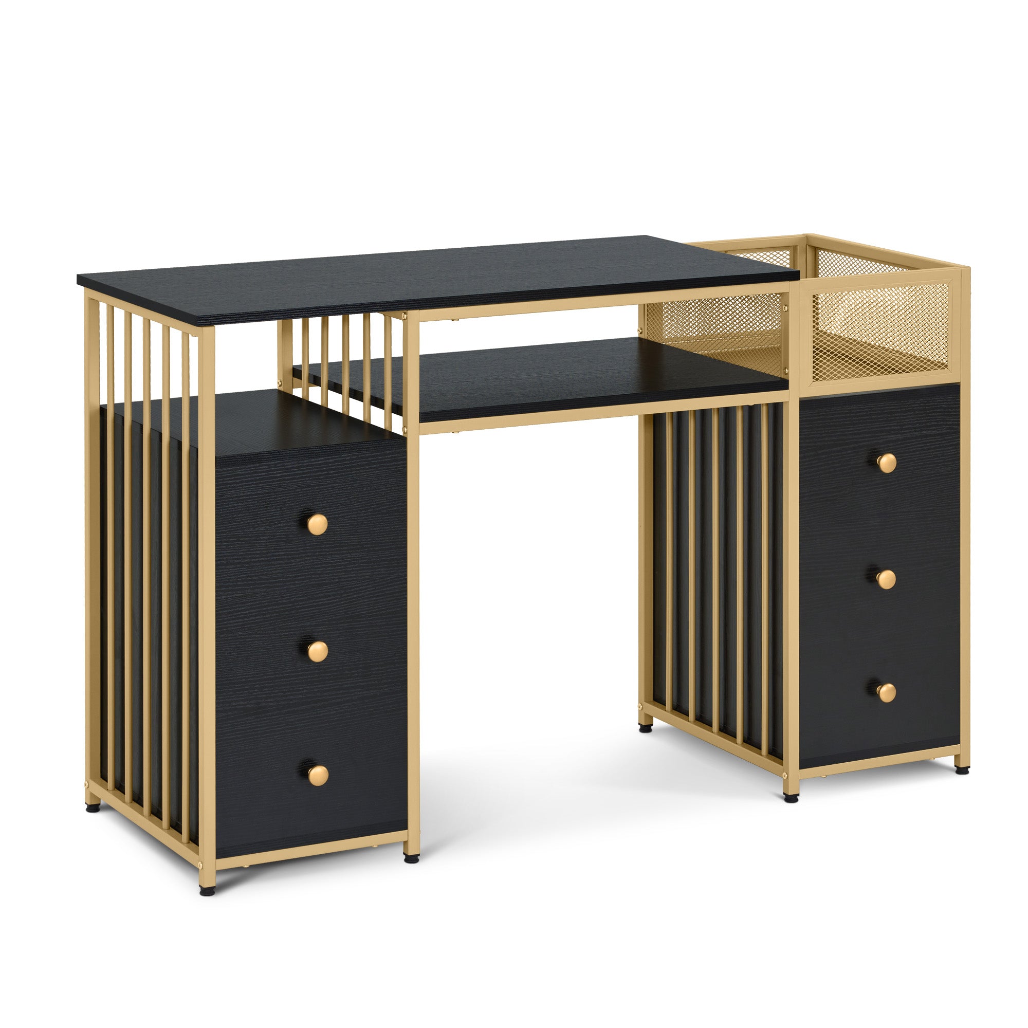 Schminktisch mit 6 Schubladen - Nageltisch aus Holz mit Metallgestell Schwarz-Gold