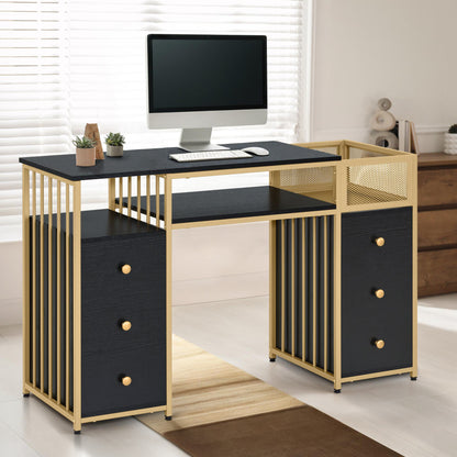 Schminktisch mit 6 Schubladen - Nageltisch aus Holz mit Metallgestell Schwarz-Gold