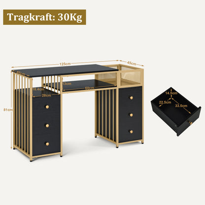 Schminktisch mit 6 Schubladen - Nageltisch aus Holz mit Metallgestell Schwarz-Gold