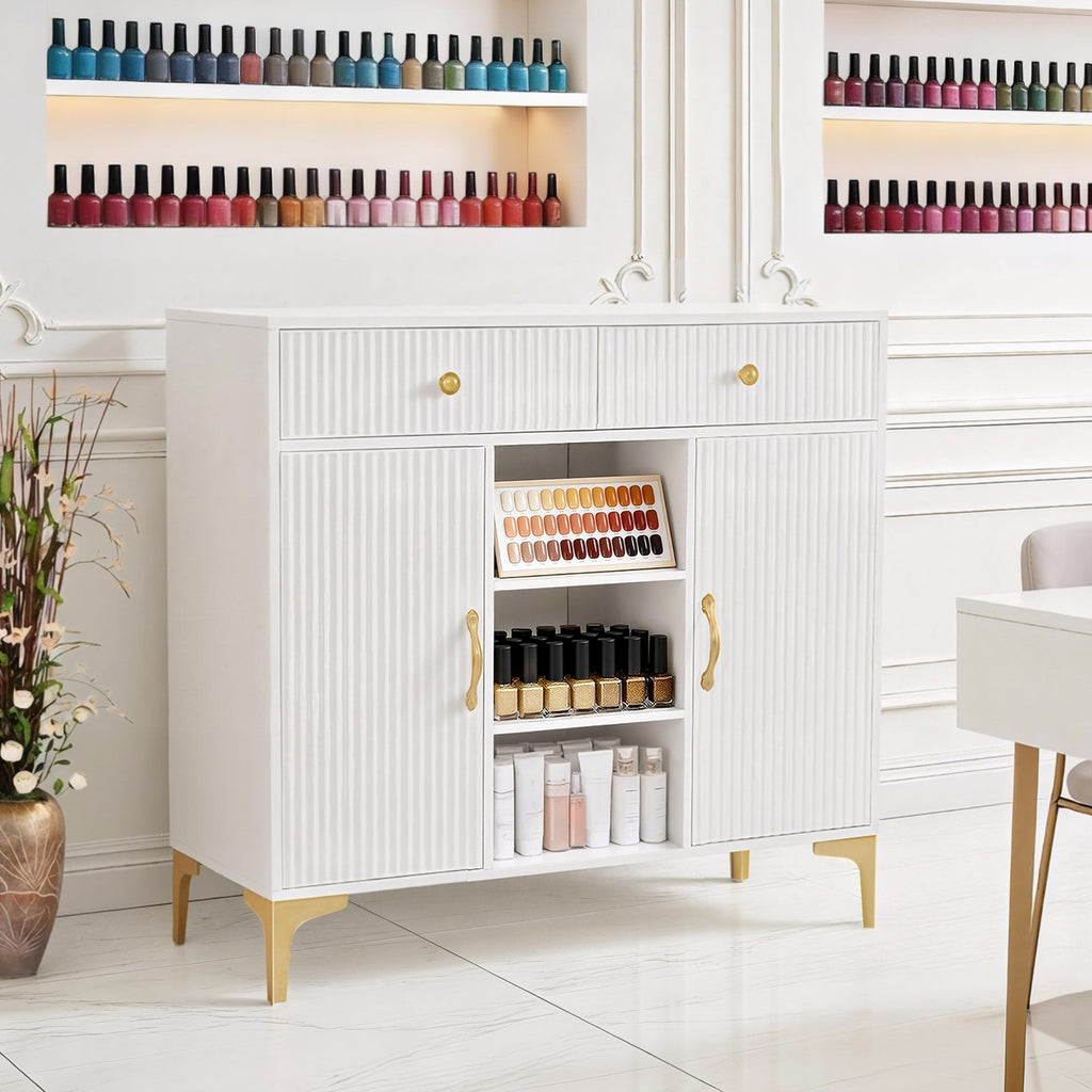 Sideboard mit 2 Schubladen - Badezimmerschrank mit 3 offenen Fächern Weiß