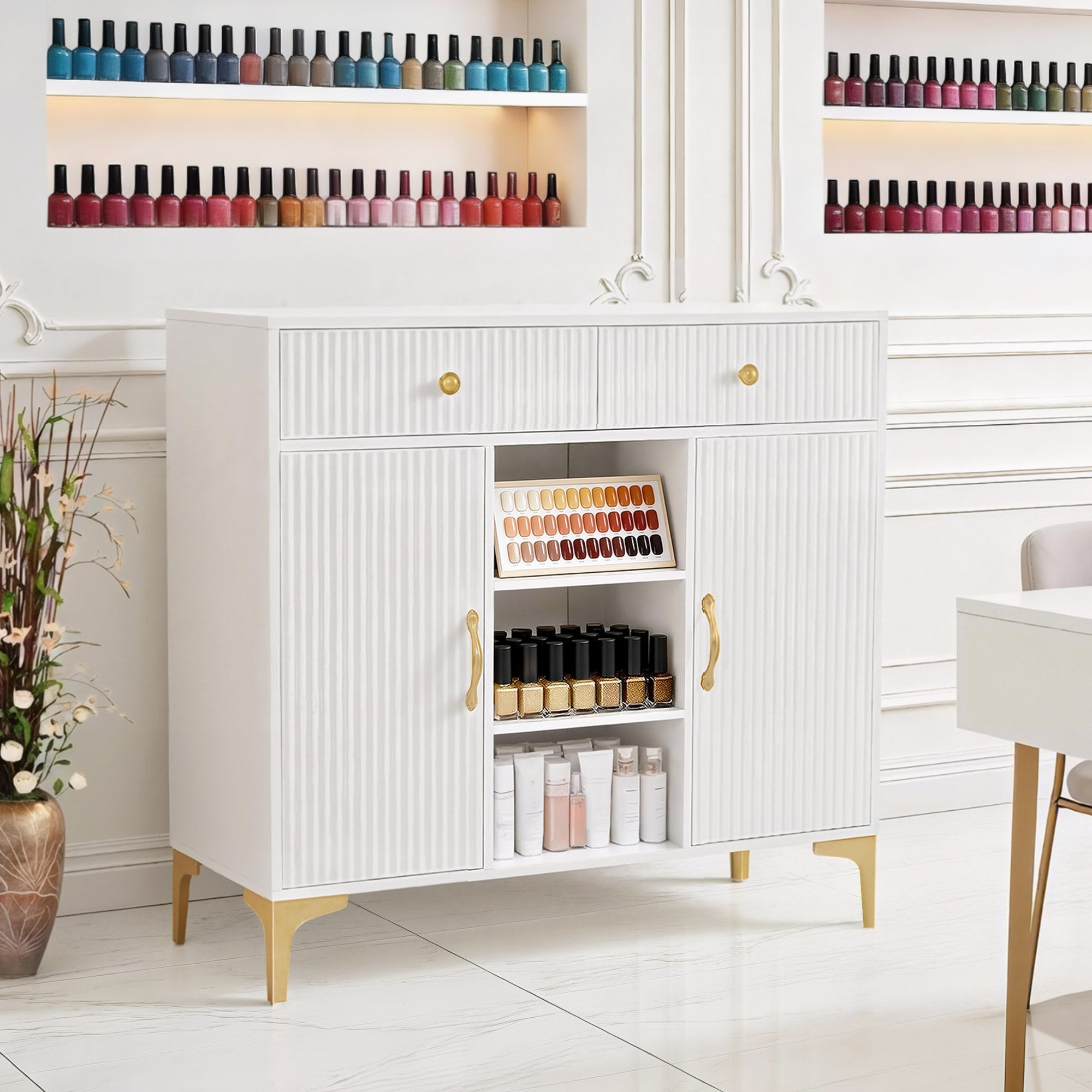 Sideboard mit 2 Schubladen - Badezimmerschrank mit 3 offenen Fächern Weiß