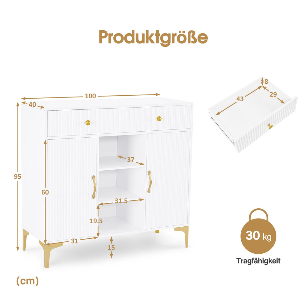 Sideboard mit 2 Schubladen - Badezimmerschrank mit 3 offenen Fächern Weiß