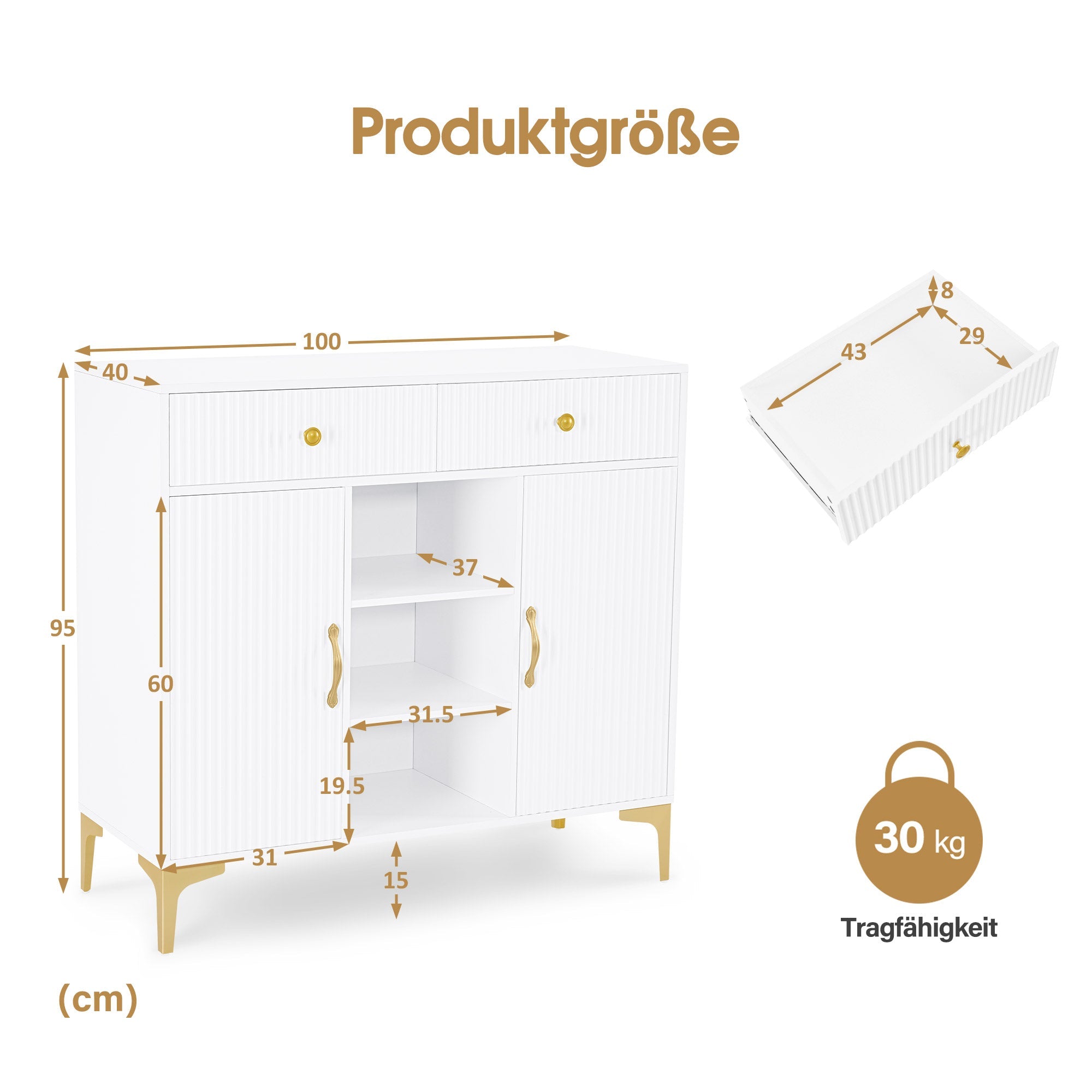 Sideboard mit 2 Schubladen - Badezimmerschrank mit 3 offenen Fächern Weiß