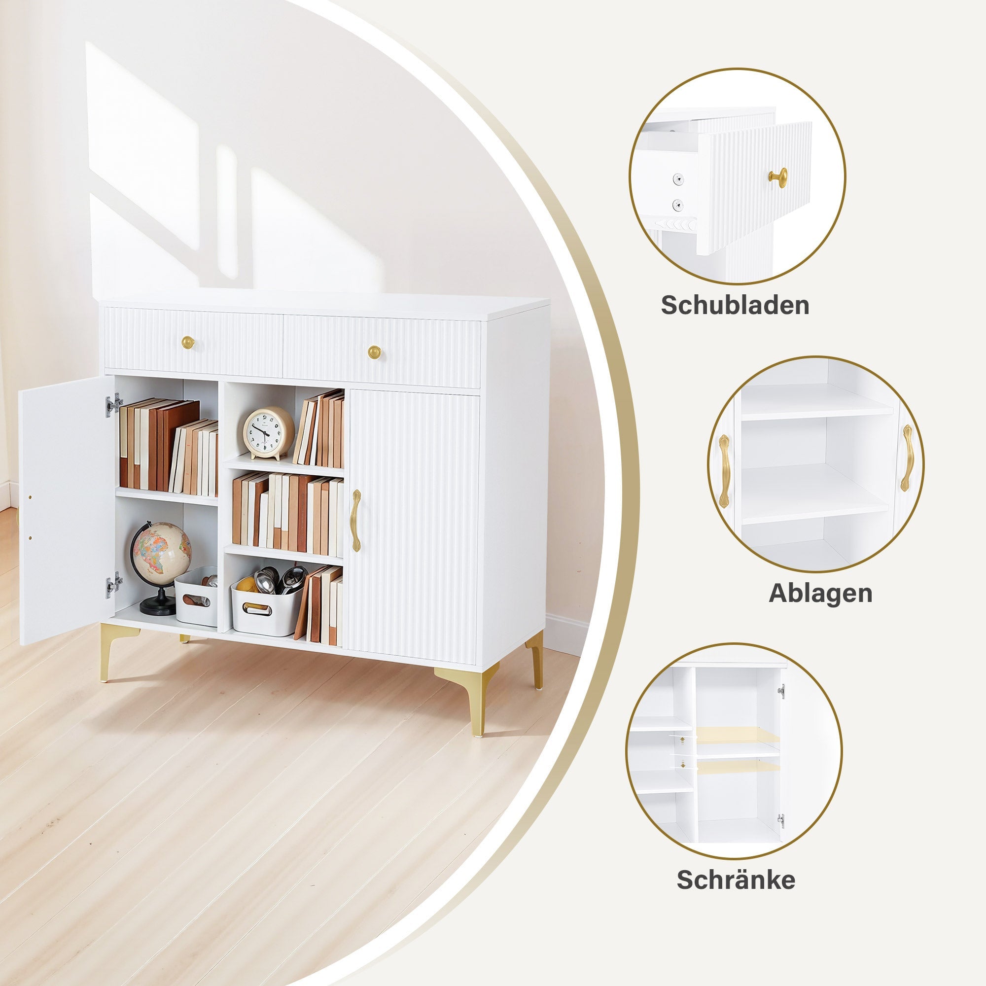Sideboard mit 2 Schubladen - Badezimmerschrank mit 3 offenen Fächern Weiß