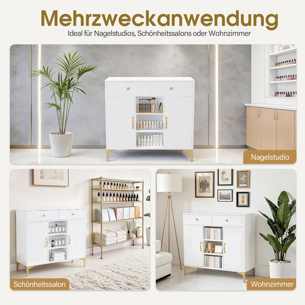 Sideboard mit 2 Schubladen - Badezimmerschrank mit 3 offenen Fächern Weiß