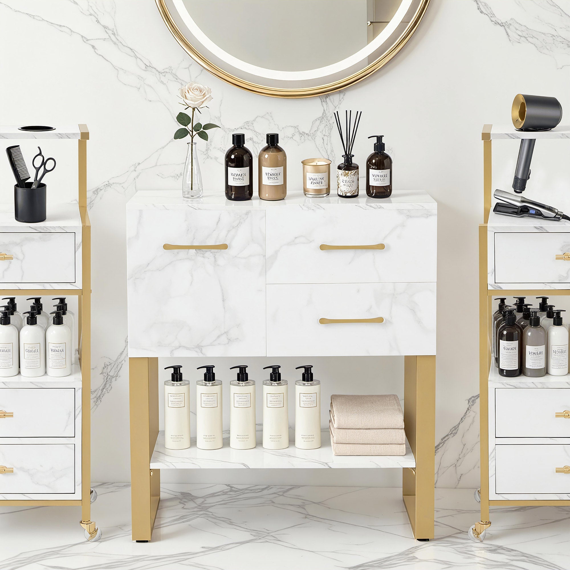 Sideboard mit 2 Schubladen - Badezimmerschrank mit Schrank & offener Ablage